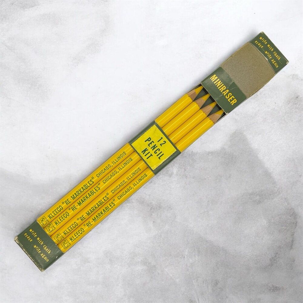 RARE Kleecos Re-Markable Yellow Chalk 12 Pencil Kit & Eraser VTG 60s NOS Germany